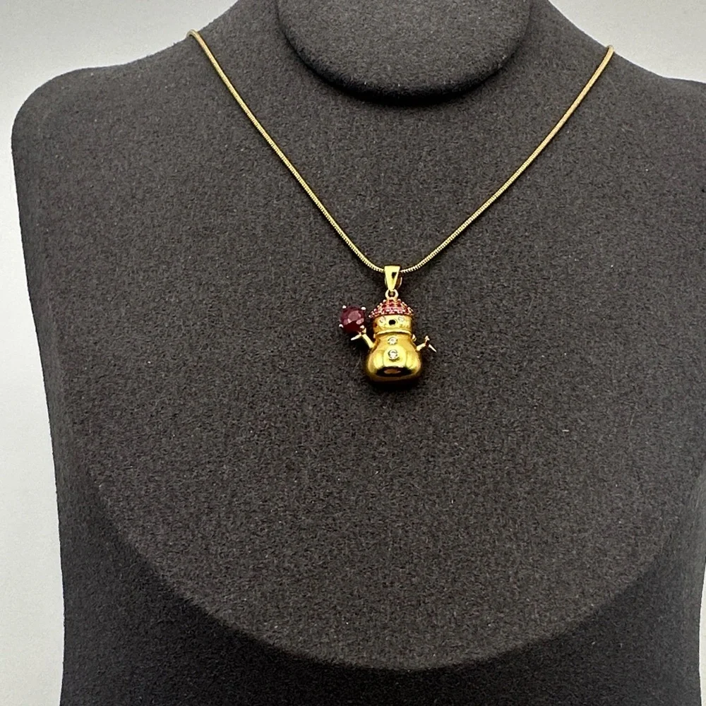 Adorable Gold and Rhodolite Snowman Pendant Necklace - Picture 2 of 11